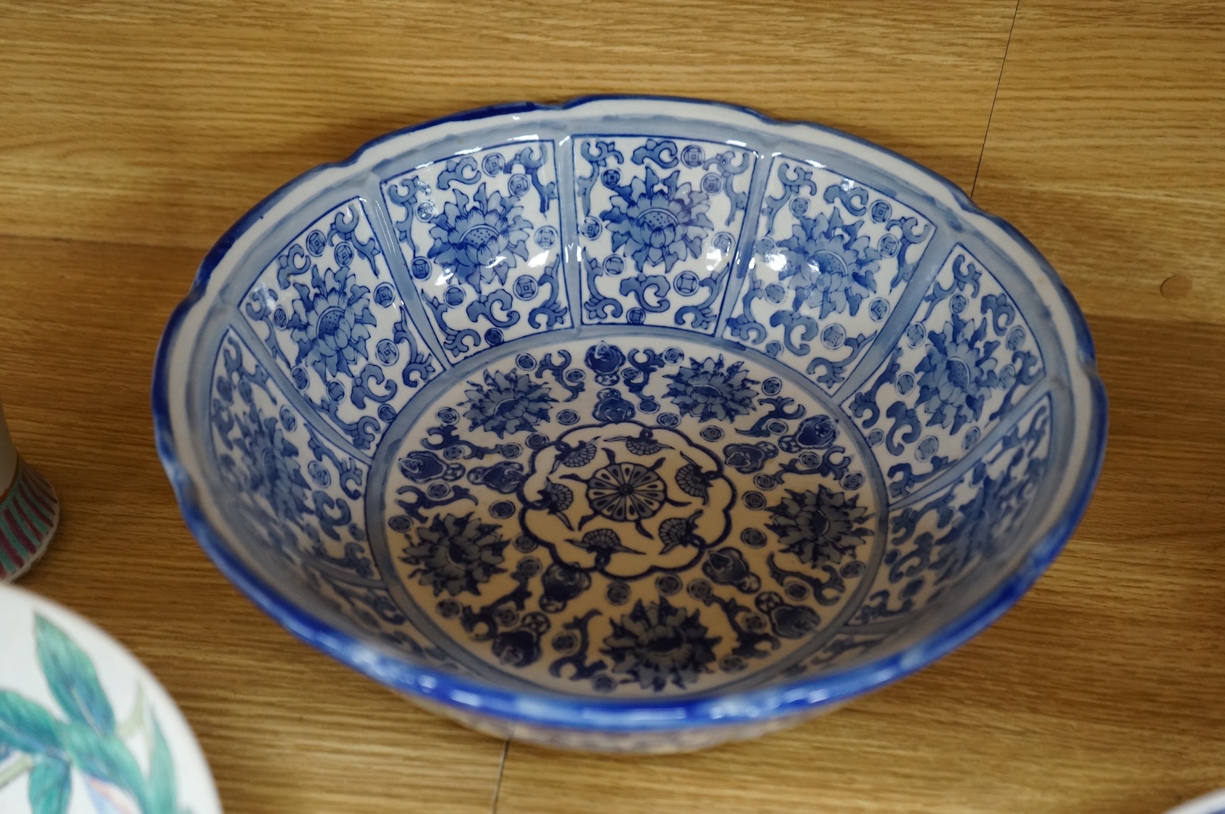 A collection of Chinese mixed ceramics, largest blue and white bowl 33cm diameter